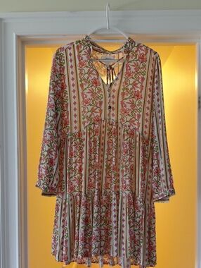Japna Floral Tiered Long Sleeve Mini Dress in Pink & Cream